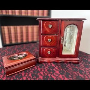 vintage 80s wooden jewelry box set of two, with hearts